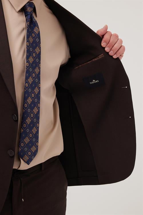 Erkek Slim Fit Mono Yaka Likralı Esnek Kumaş Kahverengi Takım Elbise