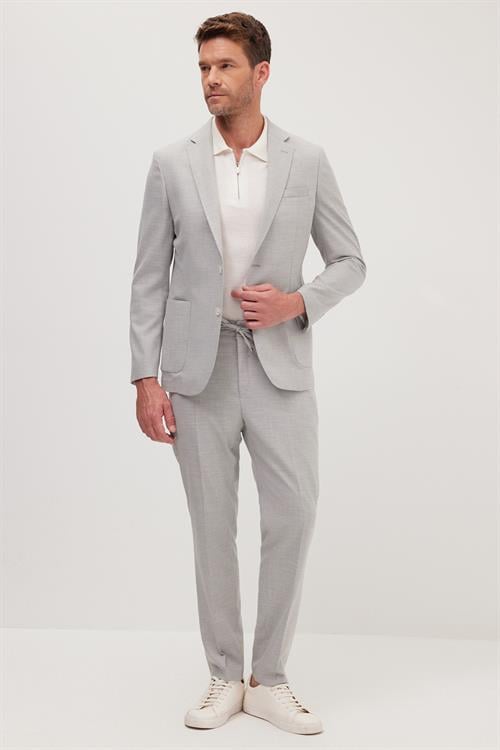 Erkek Slim Fit Mono Yaka Likralı Esnek Kumaş Gri Takım Elbise