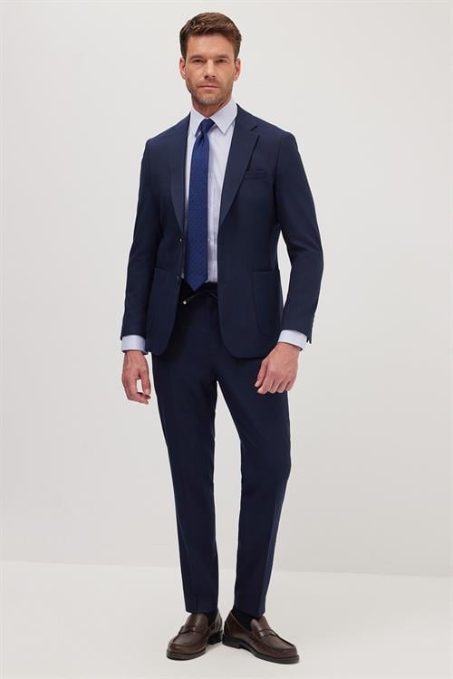 Erkek Slim Fit Mono Yaka Likralı Esnek Kumaş Lacivert Takım Elbise