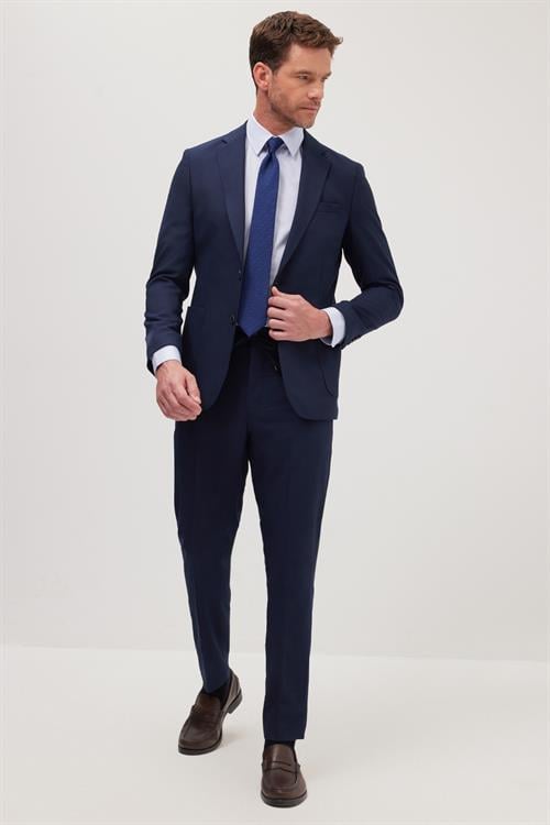 Erkek Slim Fit Mono Yaka Likralı Esnek Kumaş Lacivert Takım Elbise