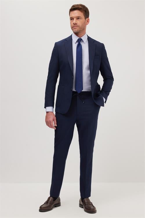 Erkek Slim Fit Mono Yaka Likralı Esnek Kumaş Lacivert Takım Elbise