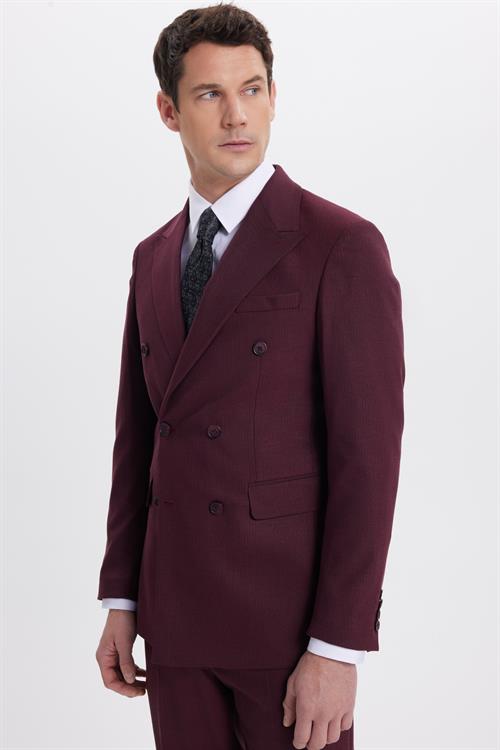 Erkek Slim Fit Sivri Yaka Çizgili Kapaklı Cepli Bordo Takım Elbise