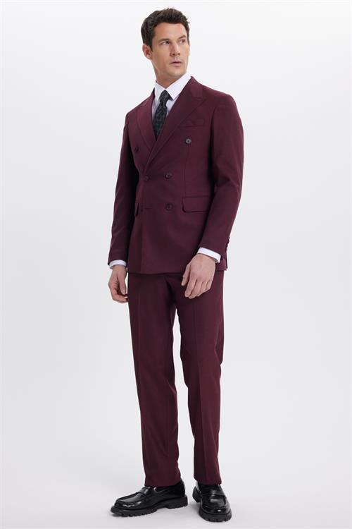 Erkek Slim Fit Sivri Yaka Çizgili Kapaklı Cepli Bordo Takım Elbise