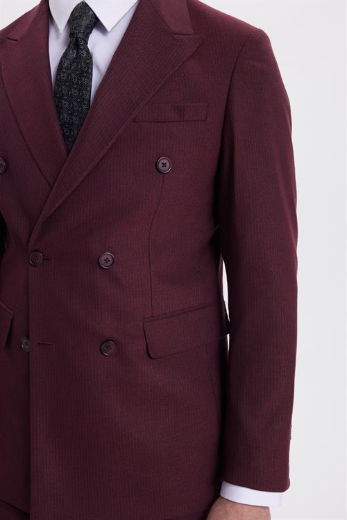 Erkek Slim Fit Sivri Yaka Çizgili Kapaklı Cepli Bordo Takım Elbise