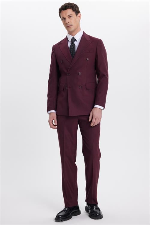 Erkek Slim Fit Sivri Yaka Çizgili Kapaklı Cepli Bordo Takım Elbise