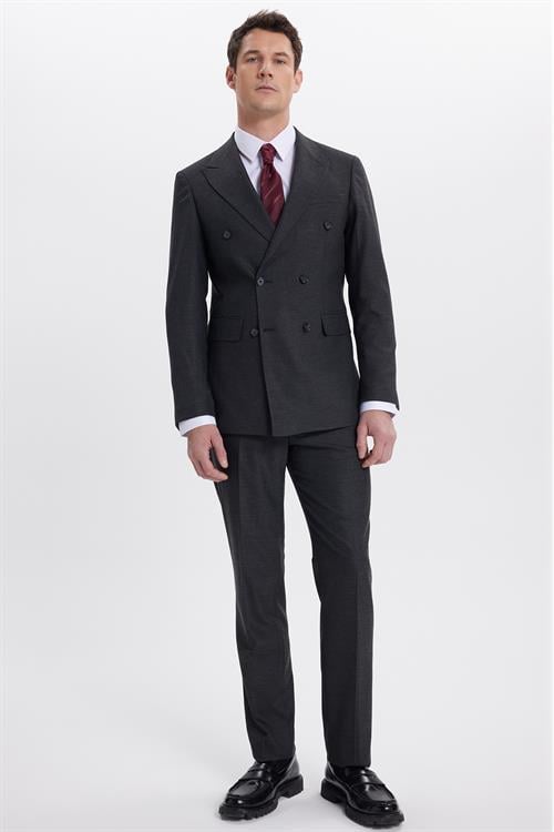 Erkek Slim Fit Sivri Yaka Çizgili Kapaklı Cepli Antrasit Takım Elbise