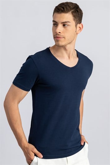 Erkek Slim Fit Dar Kesim Pamuklu Yumuşak Dokulu Likralı Esnek Kumaş Düz Basic İndigo V Yaka Tişört