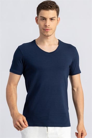 Erkek Slim Fit Dar Kesim Pamuklu Yumuşak Dokulu Likralı Esnek Kumaş Düz Basic İndigo V Yaka Tişört