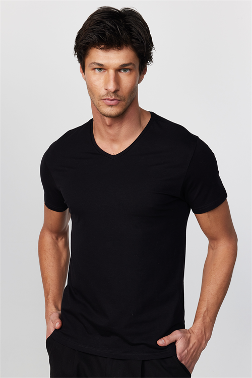 Erkek Slim Fit Dar Kesim Pamuklu Yumuşak Dokulu Likralı Esnek Kumaş Düz Basic Siyah V Yaka Tişört