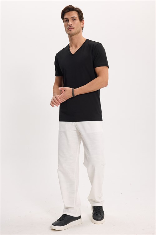 Erkek Slim Fit Dar Kesim Pamuklu Yumuşak Dokulu Likralı Esnek Kumaş Düz Basic Siyah V Yaka Tişört