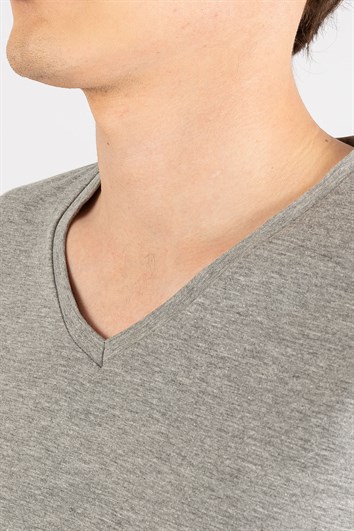 Erkek Slim Fit Dar Kesim Pamuklu Yumuşak Dokulu Likralı Esnek Kumaş Düz Basic Gri V Yaka Tişört