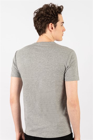 Erkek Slim Fit Dar Kesim Pamuklu Yumuşak Dokulu Likralı Esnek Kumaş Düz Basic Gri V Yaka Tişört