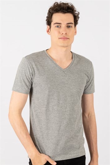 Erkek Slim Fit Dar Kesim Pamuklu Yumuşak Dokulu Likralı Esnek Kumaş Düz Basic Gri V Yaka Tişört