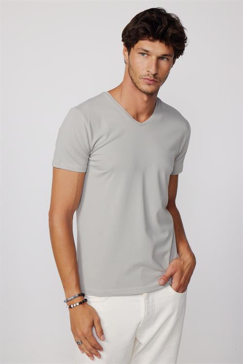 Erkek Slim Fit Dar Kesim Pamuklu Yumuşak Dokulu Likralı Esnek Kumaş Düz Basic Gri V Yaka Tişört