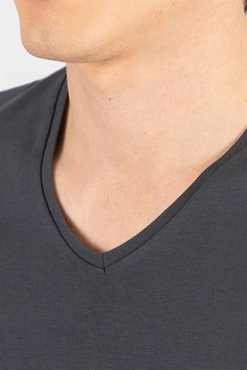 Erkek Slim Fit Dar Kesim Pamuklu Yumuşak Dokulu Likralı Esnek Kumaş Düz Basic Gri V Yaka Tişört
