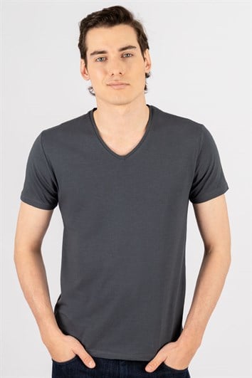 Erkek Slim Fit Dar Kesim Pamuklu Yumuşak Dokulu Likralı Esnek Kumaş Düz Basic Gri V Yaka Tişört