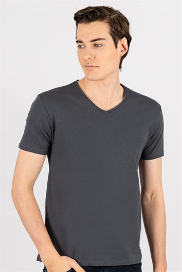 Erkek Slim Fit Dar Kesim Pamuklu Yumuşak Dokulu Likralı Esnek Kumaş Düz Basic Gri V Yaka Tişört