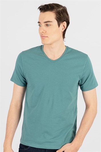 Erkek Slim Fit Dar Kesim Pamuklu Yumuşak Dokulu Likralı Esnek Kumaş Düz Basic Yeşil V Yaka Tişört
