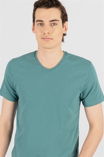 Erkek Slim Fit Dar Kesim Pamuklu Yumuşak Dokulu Likralı Esnek Kumaş Düz Basic Yeşil V Yaka Tişört