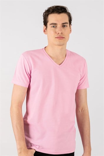Erkek Slim Fit Dar Kesim Pamuklu Oxford Pembe V Yaka Tişört