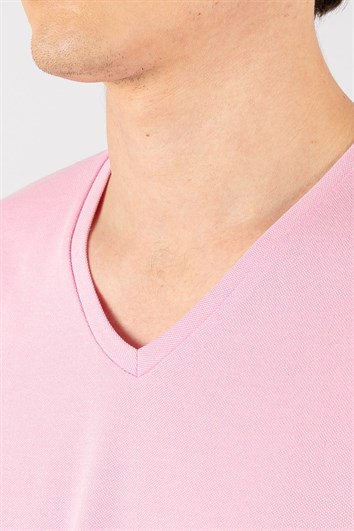 Erkek Slim Fit Dar Kesim Pamuklu Oxford Pembe V Yaka Tişört