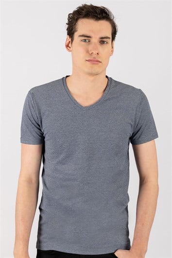 Erkek Slim Fit Dar Kesim Pamuklu Oxford Lacivert V Yaka Tişört