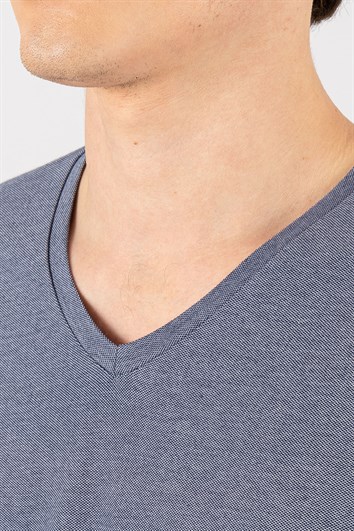 Erkek Slim Fit Dar Kesim Pamuklu Oxford İndigo V Yaka Tişört