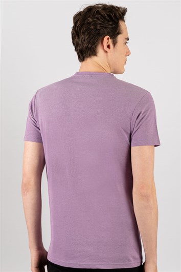 Erkek Slim Fit Dar Kesim Pamuklu Oxford Lila V Yaka Tişört