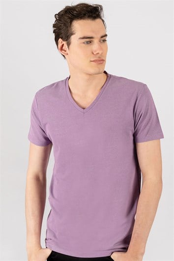 Erkek Slim Fit Dar Kesim Pamuklu Oxford Lila V Yaka Tişört