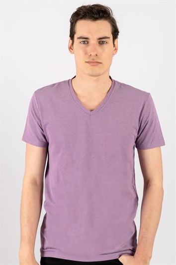 Erkek Slim Fit Dar Kesim Pamuklu Oxford Lila V Yaka Tişört