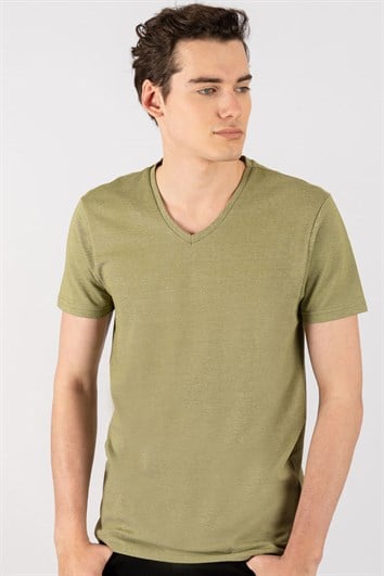 Erkek Slim Fit Dar Kesim Pamuklu Oxford Yeşil V Yaka Tişört