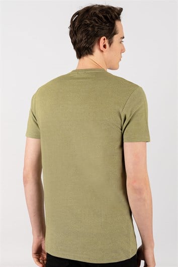 Erkek Slim Fit Dar Kesim Pamuklu Oxford Yeşil V Yaka Tişört