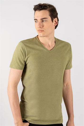 Erkek Slim Fit Dar Kesim Pamuklu Oxford Yeşil V Yaka Tişört