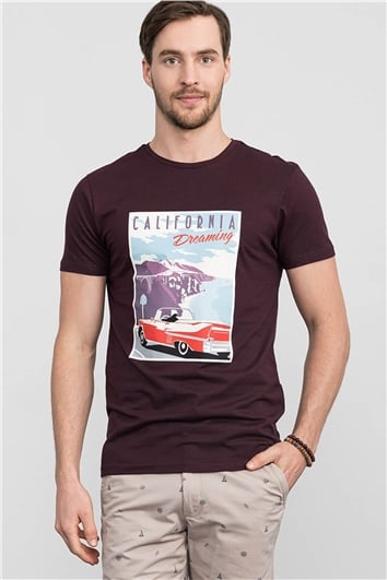 Erkek Slim Fit Dar Kesim %100 Pamuk Yumuşak Dokulu Baskılı Bordo Bisiklet Yaka Tişört