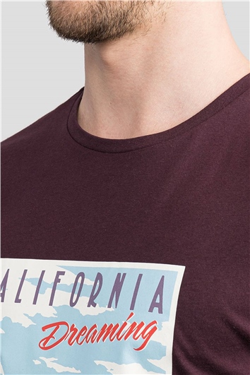 Erkek Slim Fit Dar Kesim %100 Pamuk Yumuşak Dokulu Baskılı Bordo Bisiklet Yaka Tişört