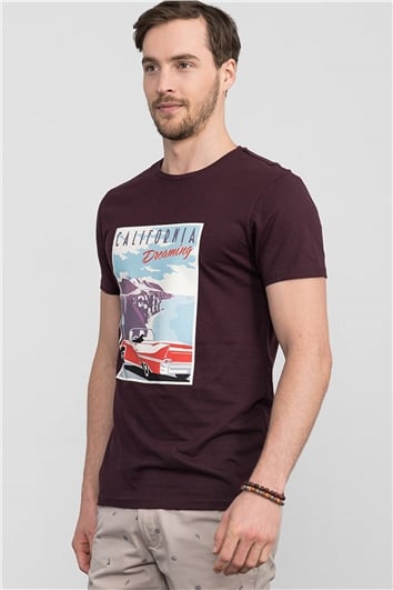 Erkek Slim Fit Dar Kesim %100 Pamuk Yumuşak Dokulu Baskılı Bordo Bisiklet Yaka Tişört