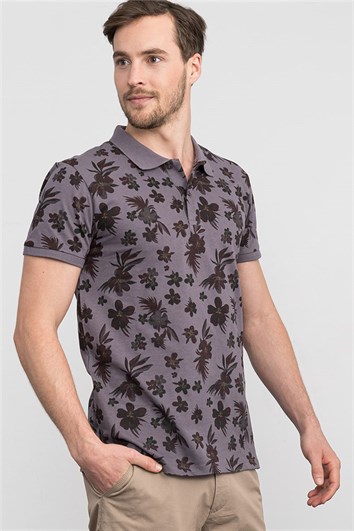 Erkek Slim Fit Dar Kesim %100 Pamuk Baskılı Gri Polo Yaka Tişört