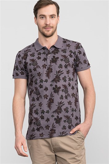 Erkek Slim Fit Dar Kesim %100 Pamuk Baskılı Gri Polo Yaka Tişört