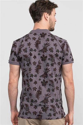Erkek Slim Fit Dar Kesim %100 Pamuk Baskılı Gri Polo Yaka Tişört