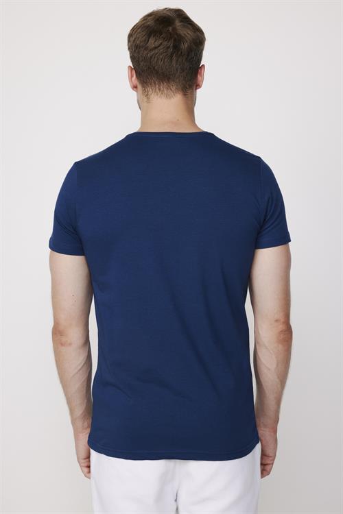 Erkek Slim Fit Dar Kesim Pamuklu Yumuşak Doku Likralı Esnek Kumaş Basic İndigo Bisiklet Yaka Tişört