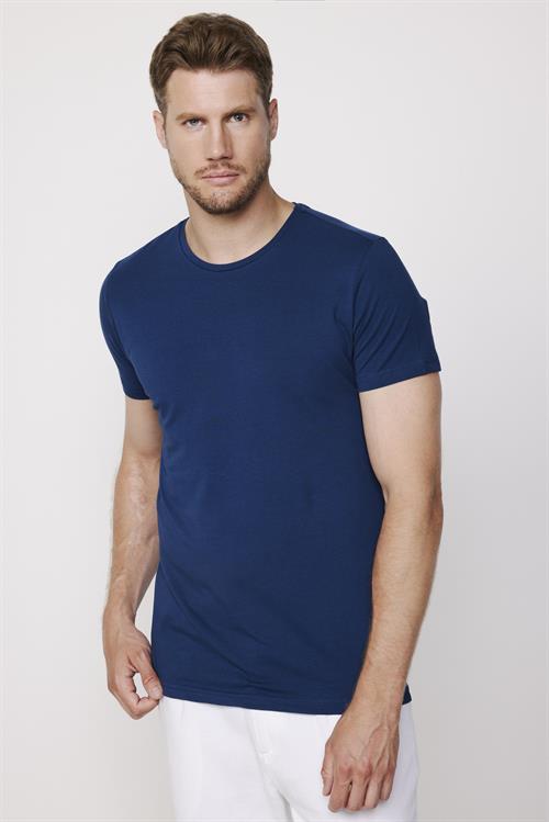 Erkek Slim Fit Dar Kesim Pamuklu Yumuşak Doku Likralı Esnek Kumaş Basic İndigo Bisiklet Yaka Tişört