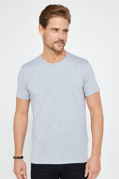 Erkek Slim Fit Dar Kesim Pamuklu Yumuşak Doku Likralı Esnek Kumaş Basic Gri Bisiklet Yaka Tişört