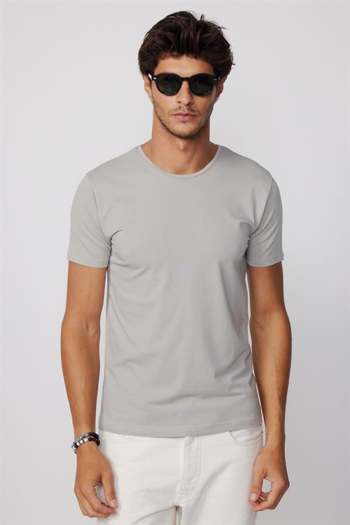 Erkek Slim Fit Dar Kesim Pamuklu Yumuşak Doku Likralı Esnek Kumaş Basic Gri Bisiklet Yaka Tişört