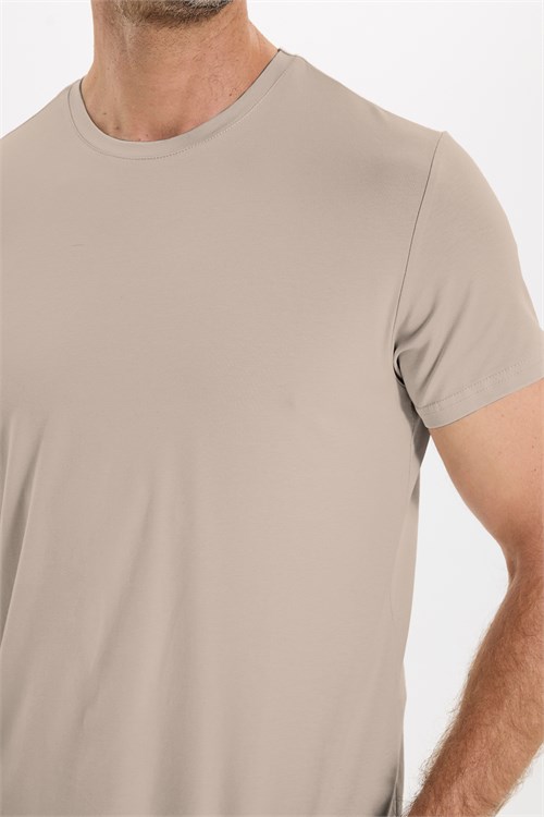 Erkek Slim Fit Dar Kesim Pamuklu Yumuşak Doku Likralı Esnek Kumaş Basic Bej Bisiklet Yaka Tişört