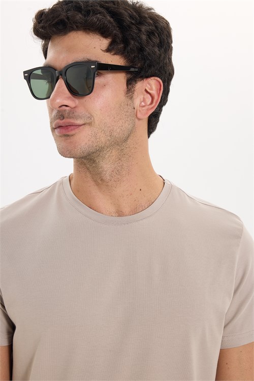 Erkek Slim Fit Dar Kesim Pamuklu Yumuşak Doku Likralı Esnek Kumaş Basic Bej Bisiklet Yaka Tişört