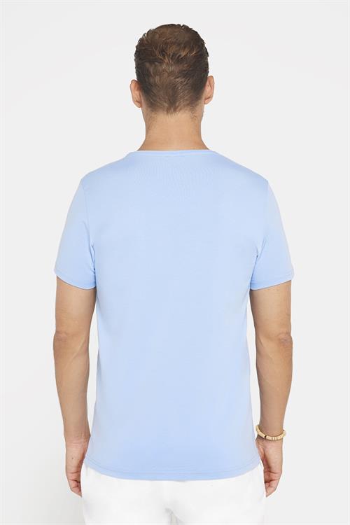 Erkek Slim Fit Dar Kesim Pamuklu Yumuşak Doku Likralı Esnek Kumaş Basic Mavi Bisiklet Yaka Tişört