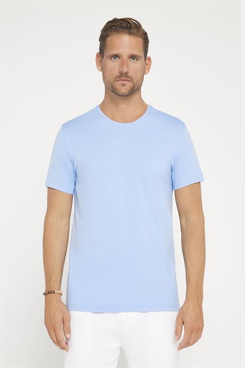 Erkek Slim Fit Dar Kesim Pamuklu Yumuşak Doku Likralı Esnek Kumaş Basic Mavi Bisiklet Yaka Tişört