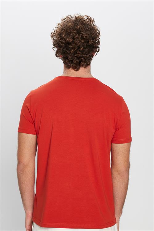 Erkek Slim Fit Dar Kesim Pamuklu Yumuşak Doku Likralı Esnek Kumaş Basic Kiremit Bisiklet Yaka Tişört
