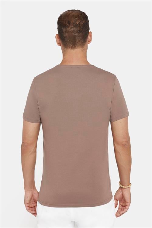 Erkek Slim Fit Dar Kesim Pamuklu Likralı Esnek Kumaş Basic Kahverengi Bisiklet Yaka Tişört