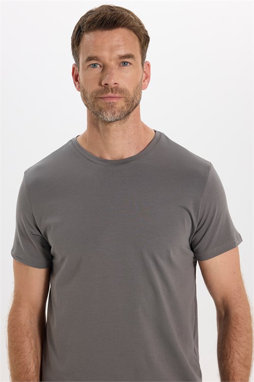 Erkek Slim Fit Dar Kesim Pamuklu Yumuşak Doku Esnek Kumaş Basic Gri Bisiklet Yaka Tişört